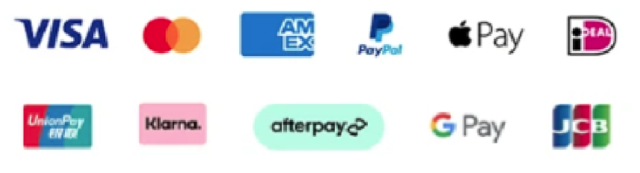 VISA, Mastercard, American Express, PayPal, Apple Pay, iDEAL, UnionPay, Klarna, afterpay, Google Pay, JCB